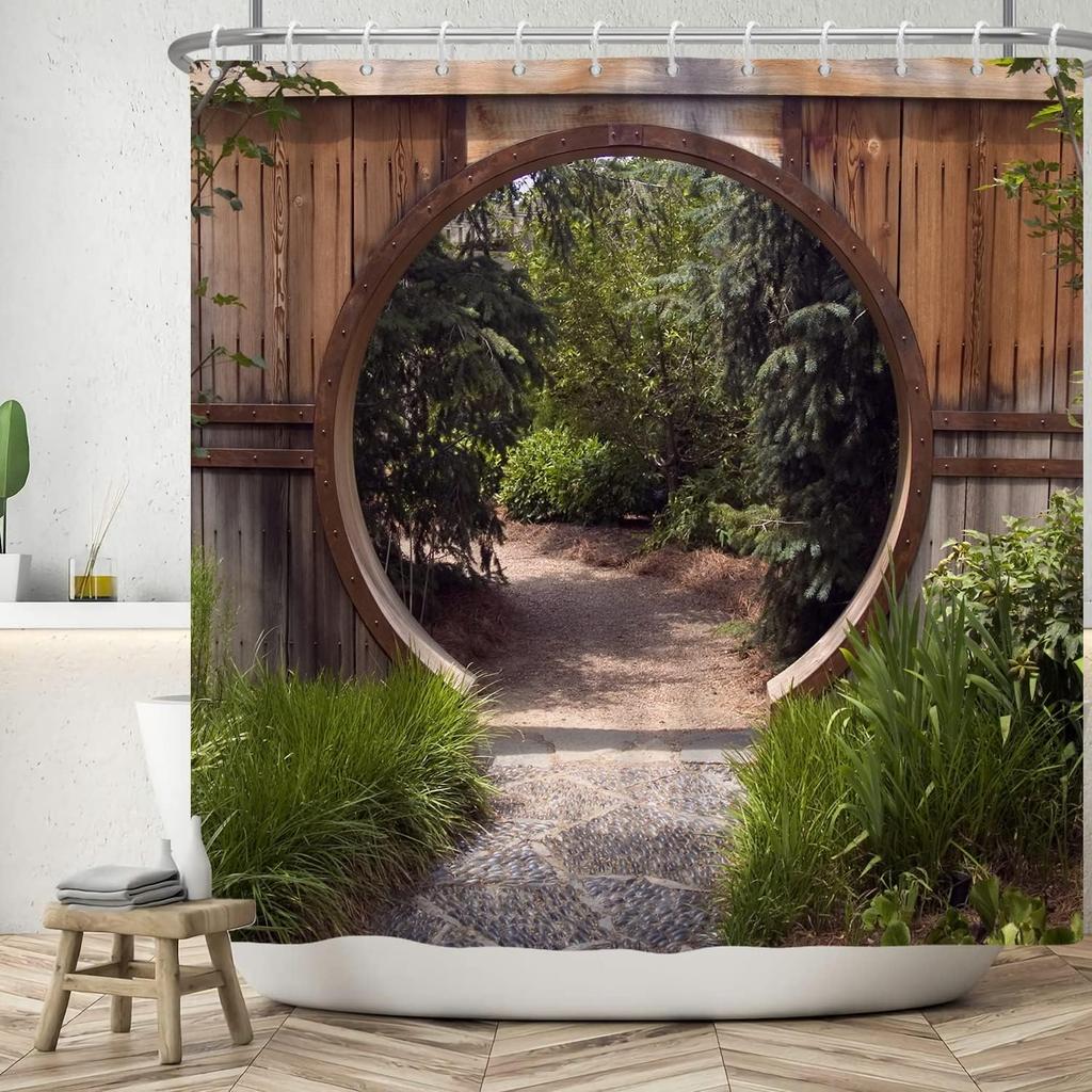 Natural Garden Landscape Shower Curtain With Rustic Round Wooden Door, Green Botany Leaves Farmhouse Style Bathroom Set