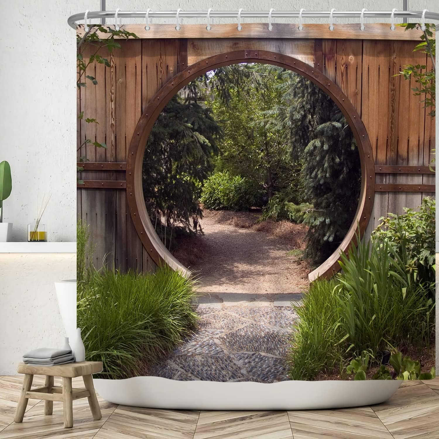 

Natural Garden Landscape Shower Curtain With Rustic Round Wooden Door, Green Botany Leaves Farmhouse Style Bathroom Set W60H190(CM)-1 Pcs