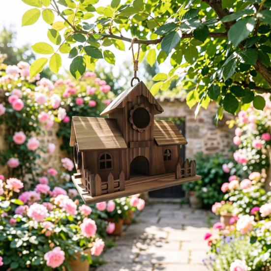 Bird House for Outside Wooden Birdhouse with Perch Platform Four-Hole Rustic Bird House Fits Bluebirds Canaries Cardinals for Garden Backyard