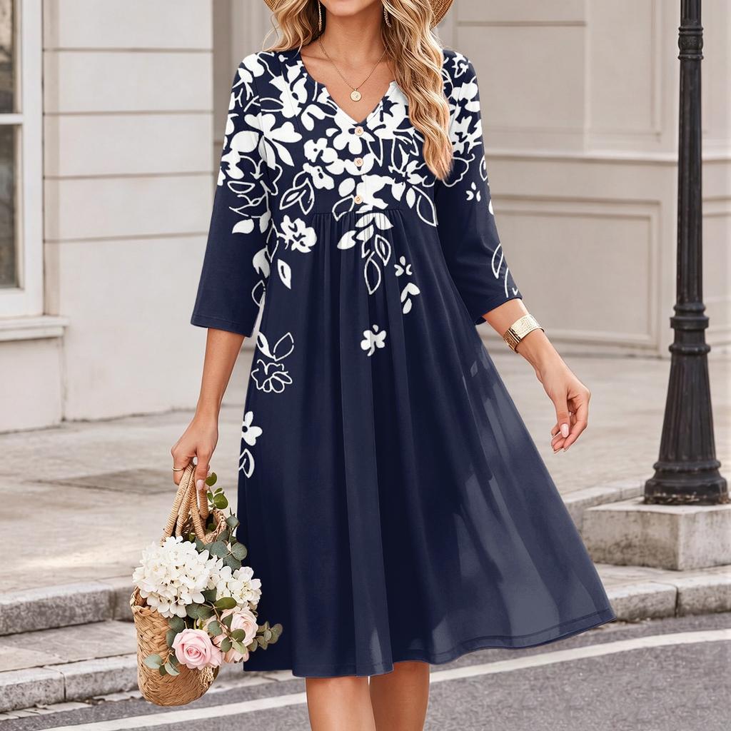 Damen Casual Kleid mit Blumenprint, V-Ausschnitt und 3/4 Ärmeln