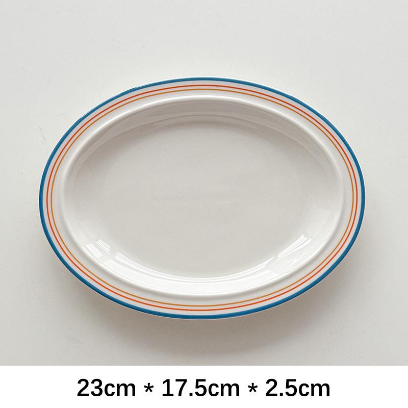 Plats Ovale en Céramique Style Coréen Porcelaine Rayée Vaisselle Légumes Salade de Fruits Pâtes Assiettes de Petit-Déjeuner Plats de Cuisine