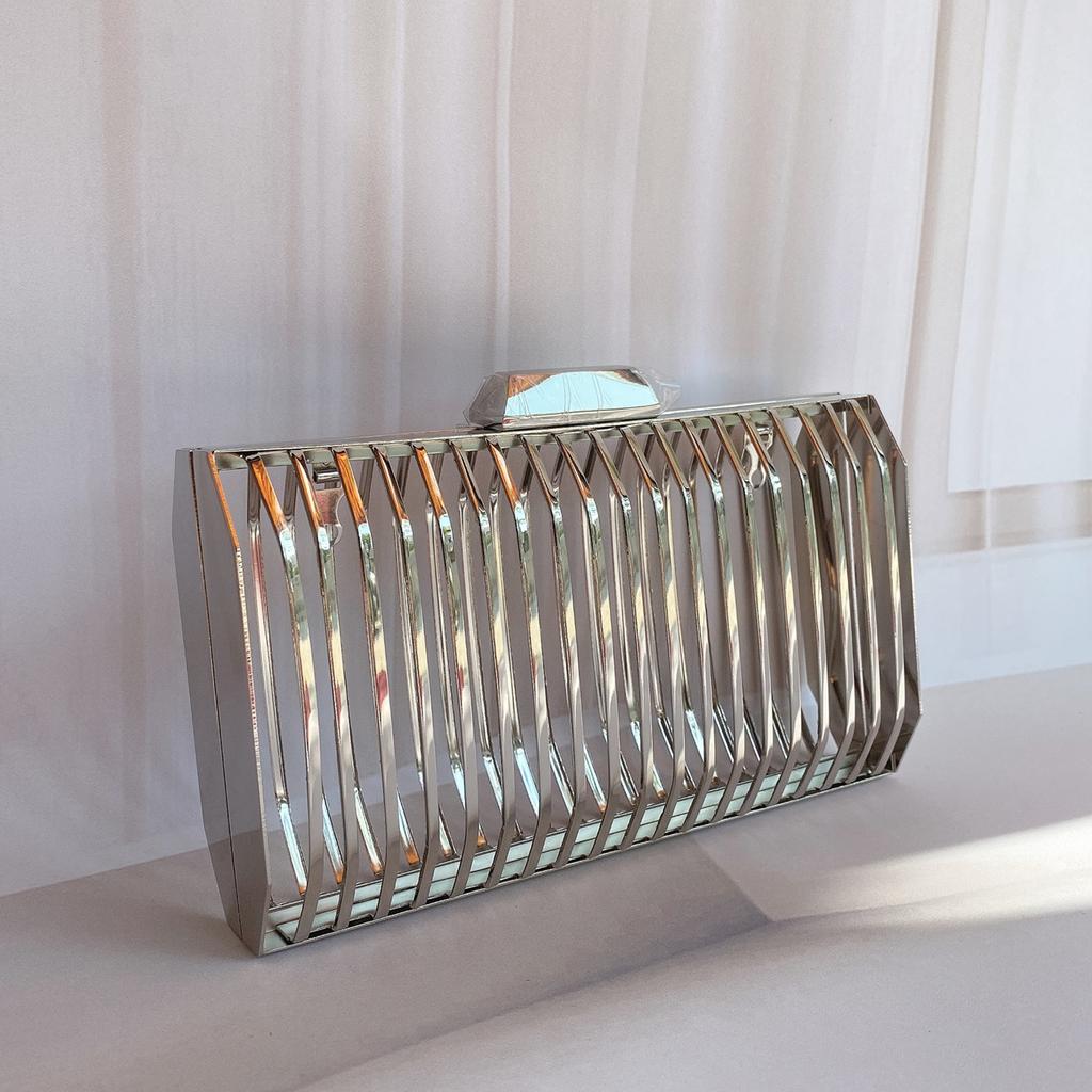 Gold Women Chain Crossbody Bags Iron Cage Metal Hollow Out Evening Clutch Purse Women Party Wedding Handbags Prom Luxury Bolso