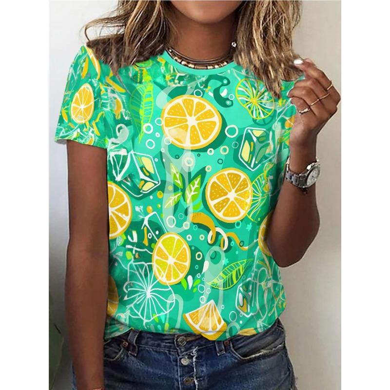 Women s Casual Lemon and Orange Print T-Shirt - Short Sleeve, Crew Neck. 4XL