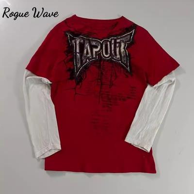 RogueWave Y2K T Shirt Men New Hip Hop Red Printing Round Neck Oversized Long Sleeved T Shirt Casual Gothic Clothing Tops Streetwear