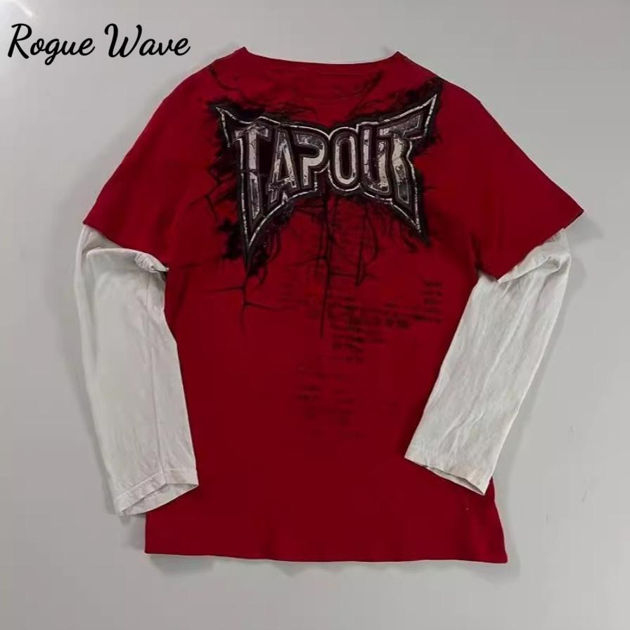RogueWave Y2K T Shirt Men New Hip Hop Red Printing Round Neck Oversized Long Sleeved T Shirt Casual Gothic Clothing Tops Streetwear
