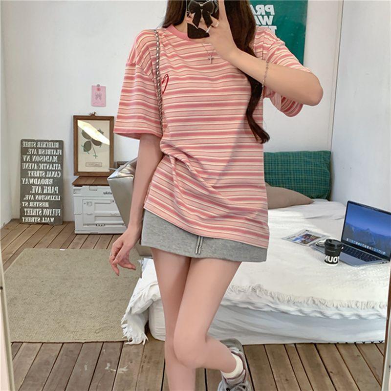 Women's Casual Loose Long T-Shirt Colorful Stripe Round O-Neck TShirt Ladies Fashion Short Sleeve Summer Plus Size Oversize Medium Nylon