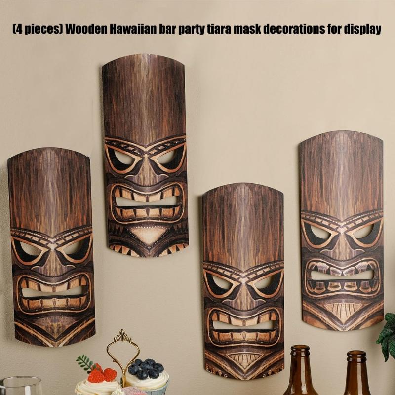 Pack of 4 Hand Carving Wooden Mask Wall Hangings Polynesian Themed Home Decorative Item for Indoor and Outdoor Space