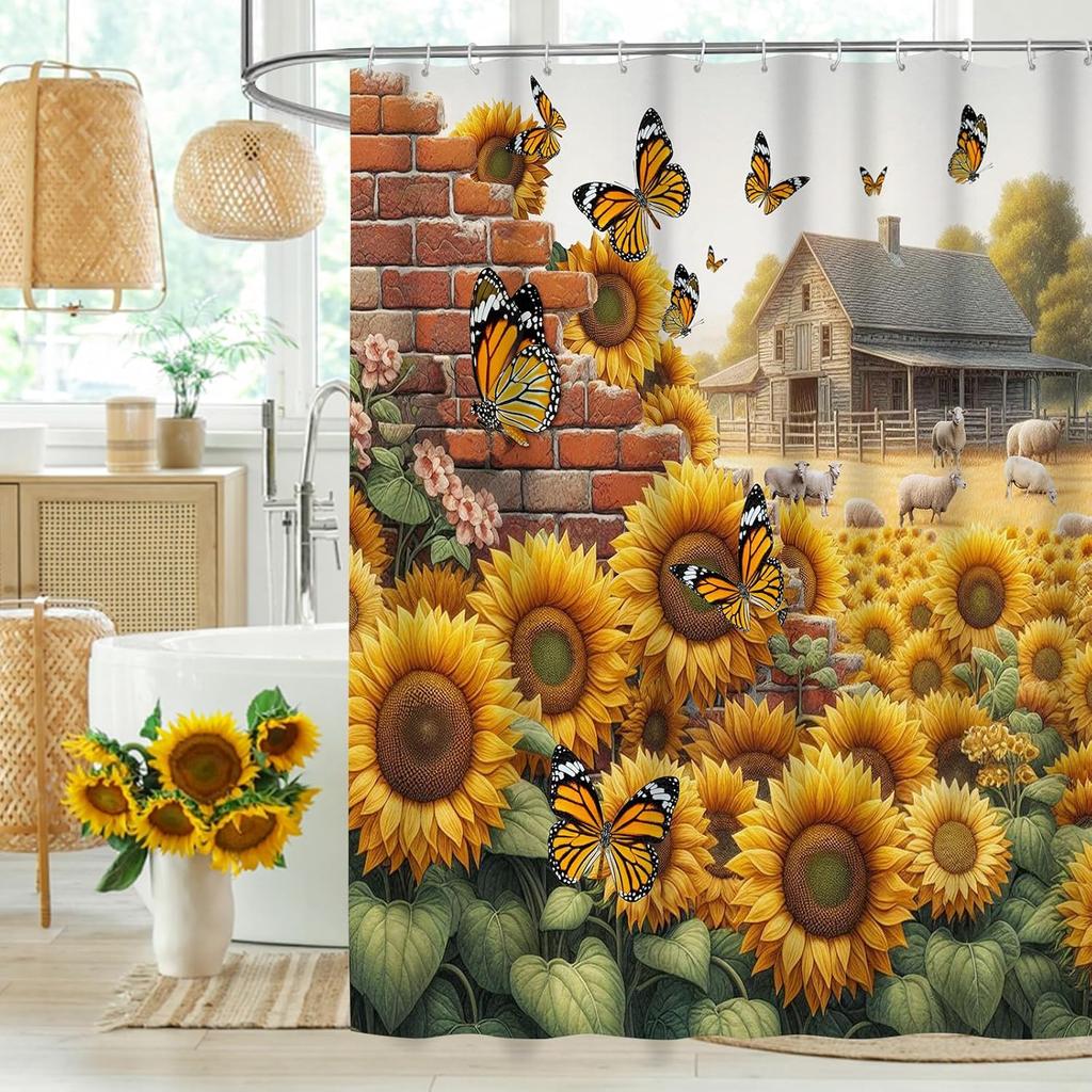 Sonnenblumen Duschvorhang - Aquarell Sonnenblume & Grüne Blätter Bauernhaus Badezimmerdeko, Rustikal Floral