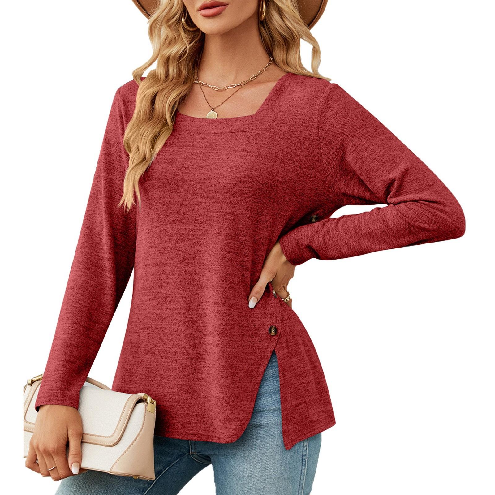 

Жіноча мода квадратний виріз кнопковий розкол футболка вільний суцільний колір довгий рукав Топ XL червоний