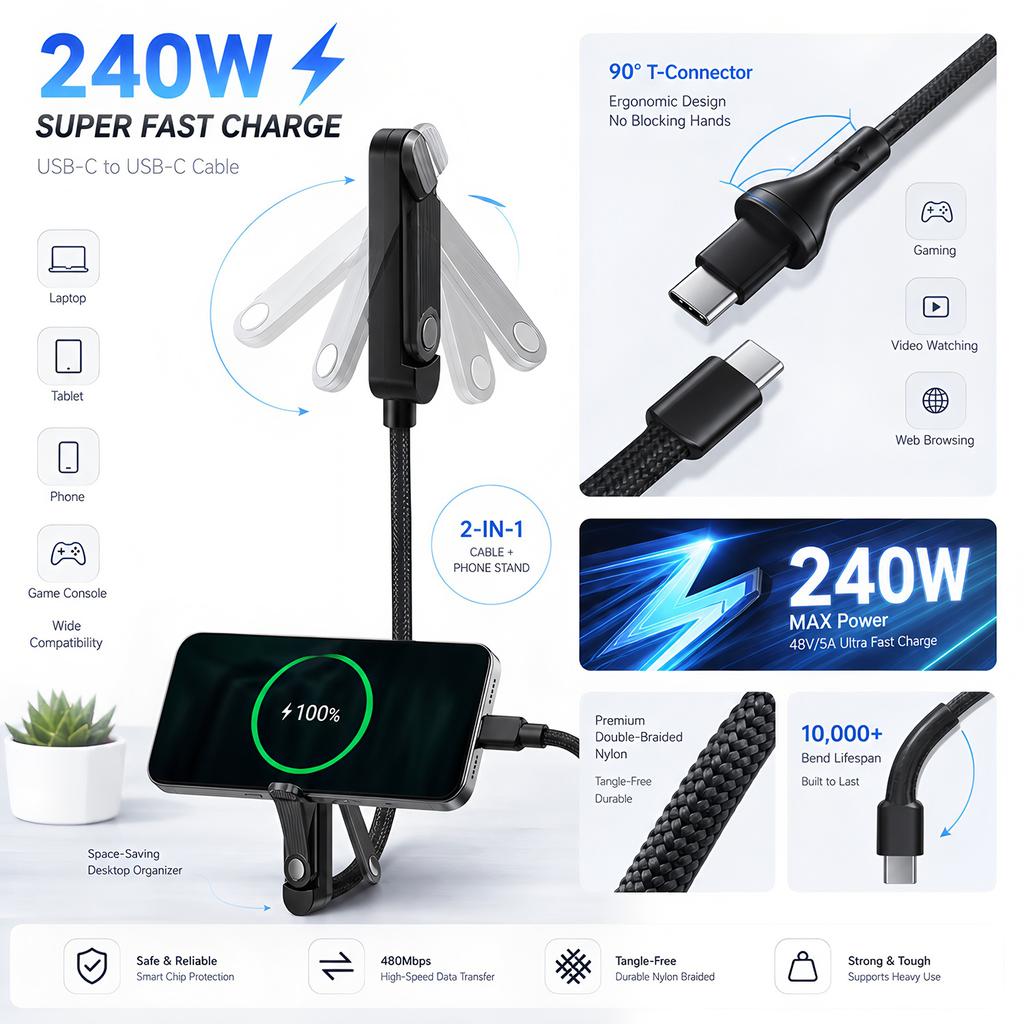 111W 1 in 1 USB A/Type C Fast Charging Cable With Foldable Phone Holder Type-C Quick Charge Data Wire For IPhone11 16 17 Samsung