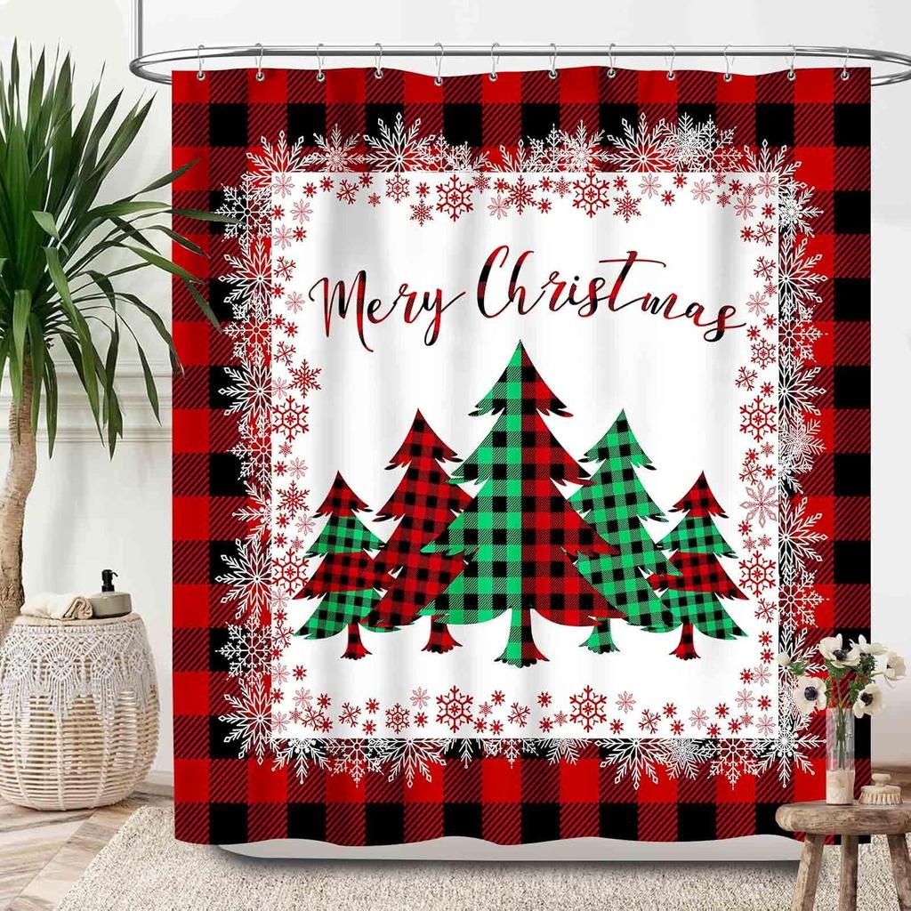 Christmas Shower Curtain,Winter Fireplace Xmas Trees Gifts Printed New Year Waterproof Fabric Bathroom Shower Curtain Set with