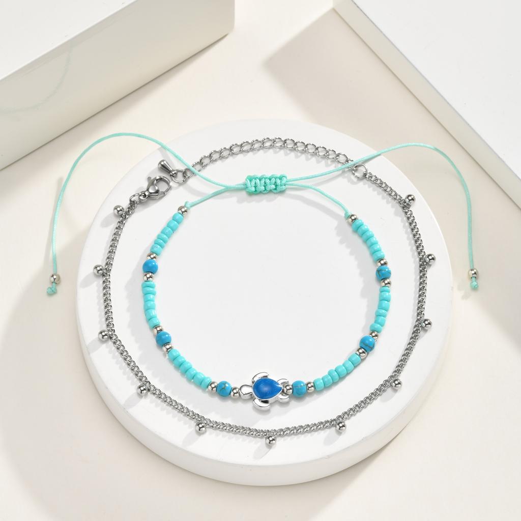 Anklet Set Stainless Steel Layered Satellite Chain Turquoise Beads Non-tarnish Waterproof Beach Jewelry