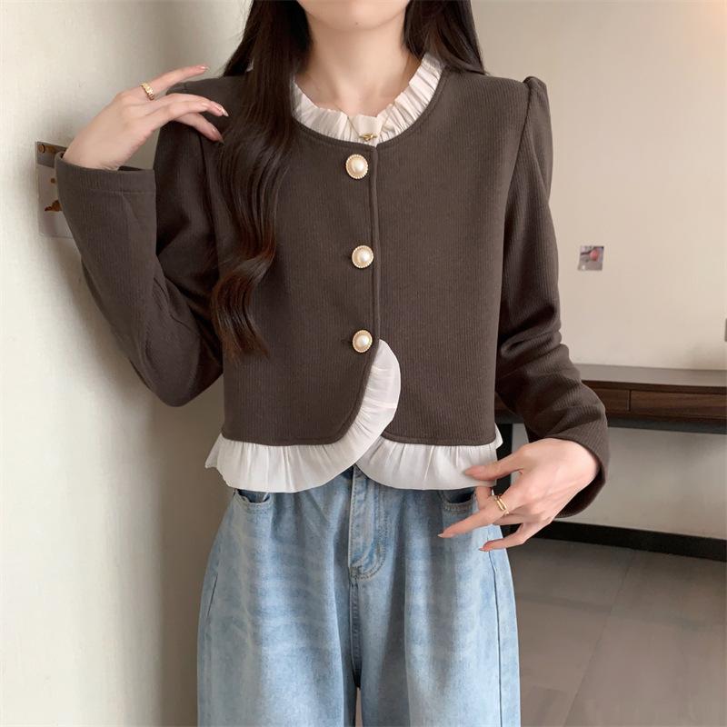 

Весенне-осенняя женская куртка с длинным рукавом и оборками, однотонная, темпераментная XL кофейный