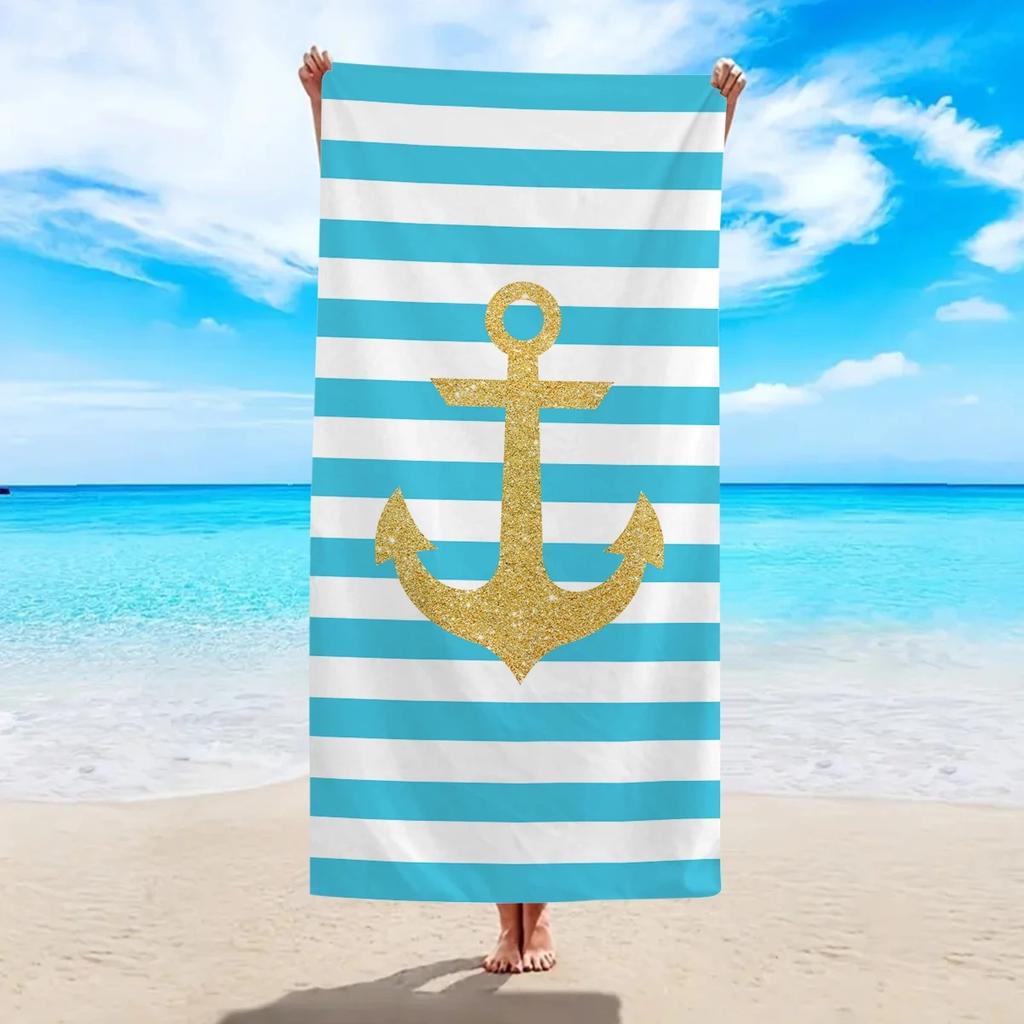 Nautical Anchor Beach Towel 2D Flat Printed Peach Skin Striped Soft Bath Towel Gold Pattern Decorative Towel For Vacation Travel