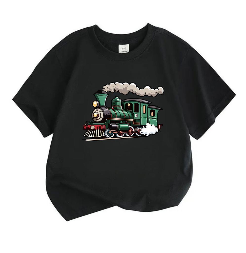 Kids Boys Girls 100% Cotton Crew Neck Short Sleeve T-Shirt, Cute Cartoon Steam Locomotive Print Casual Soft Tee Top for Children Daily Wear Holiday Gi