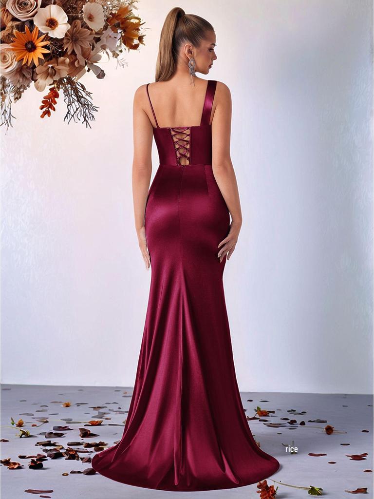 Elegant Women's One-Shoulder Spaghetti Strap Long Evening Gown