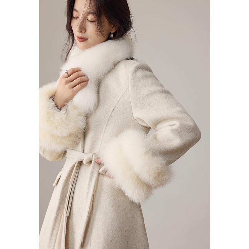 VICTORIA&VERA Women's Fox Fur Collar Wool Long Coat
