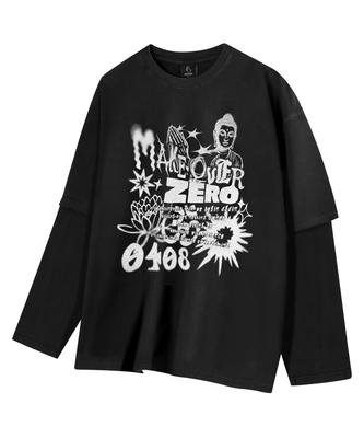 MOZMOZ Buddhistism Layered Pigment Graphic Long Sleeve Black