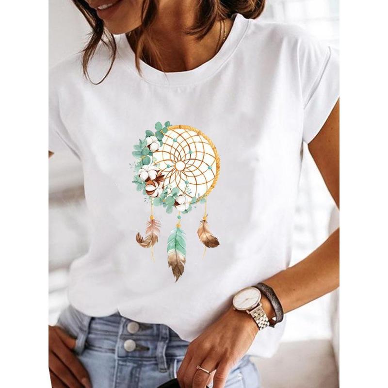 Spring Summer Women's Clothing Love Flower Plant Printed Casual Simple Trendy Top Round Neck Pure Cotton Short Sleeved T-Shirts Women’s