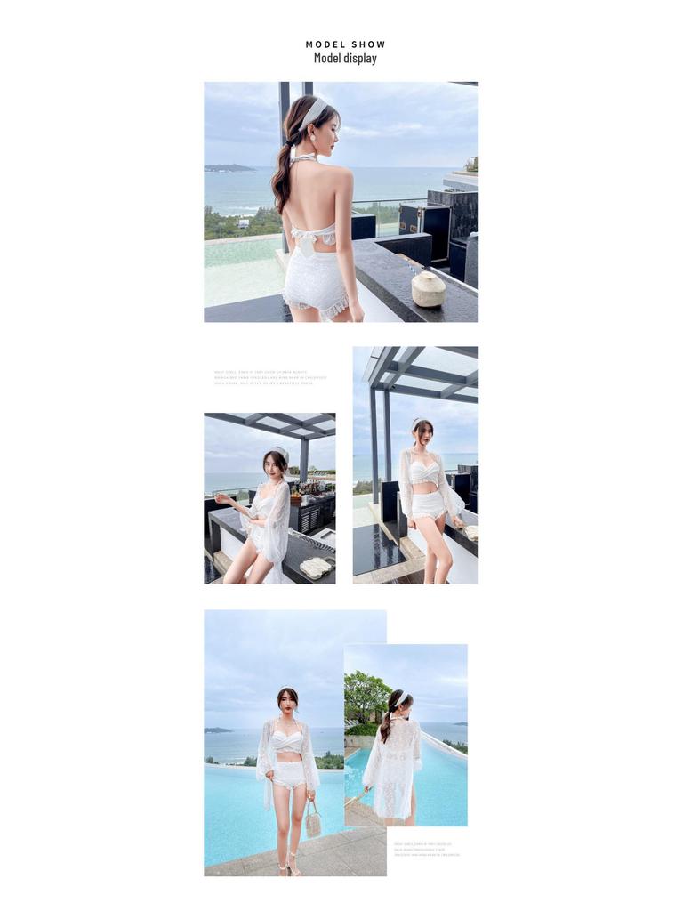 2025 Lace & Mesh Three-Piece Bikini with Long Sleeve Boxer Top