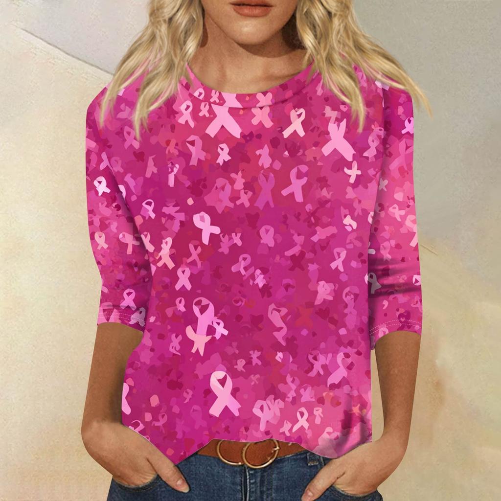 Women's Fashion Casual Seven Split Sleeve Printed Loose Round Neck Top