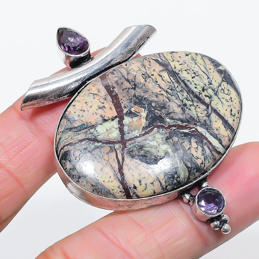 

Натуральная Драконья Кровь, Аметист 925 Стерлинговое Серебро Ювелирная Подвеска 2.44 d3L75