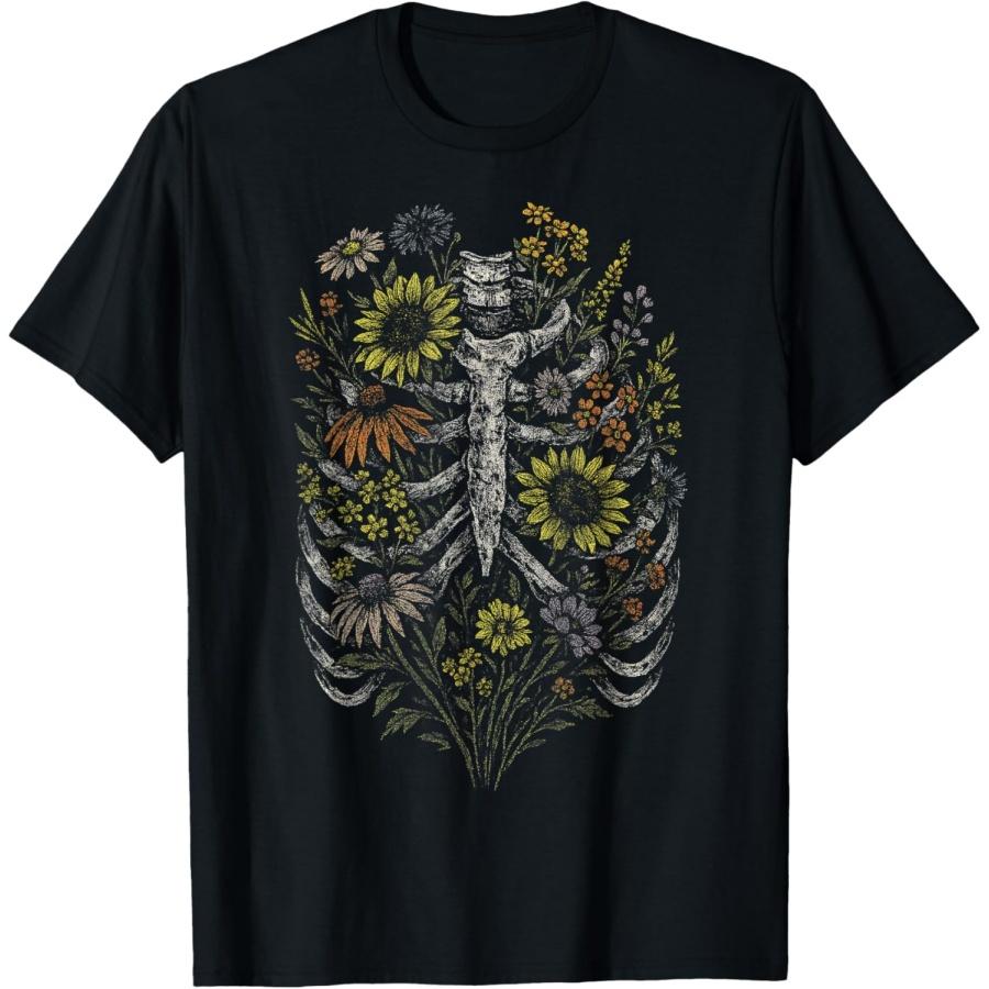 Skeleton Ribcage Wildflower Flowers Goth Death Dark Alt T-Shirt S