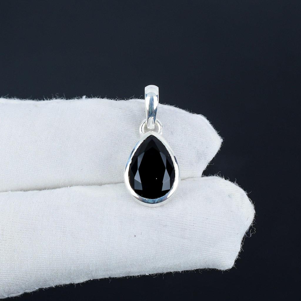 Dainty Black Spinel Gemstone Silver Pendant In 925 Sterling Silver - Handmade Pear Design, Everyday Wear Minimalist Jewelry Party Wear Gift