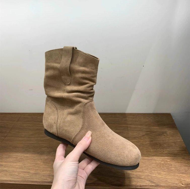 

Версия из коровьей кожи~ ретро короткие ботинки на внутренней платформе женские 2025 осень и зима западные ботинки Мартин круглый носок короткое голенище Boken на наборном каблуке 40 хаки