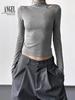 Women's Slim Fit Velvet Turtleneck Long Sleeve T-Shirt, Gray, 2025 Spring/Autumn/Winter Collection.