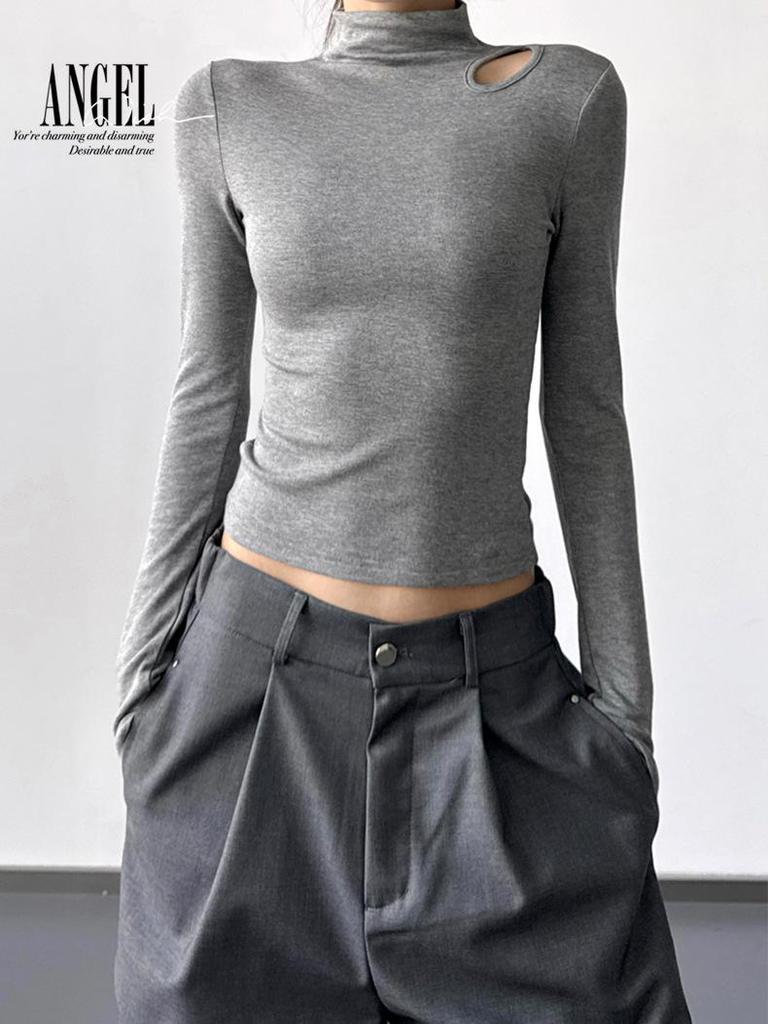 Women's Slim Fit Velvet Turtleneck Long Sleeve T-Shirt, Gray, 2025 Spring/Autumn/Winter Collection.