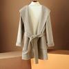 Women's Petite Hooded Wool Coat - Double-faced, Loose, Belted Robe for 2024 Autumn/Winter