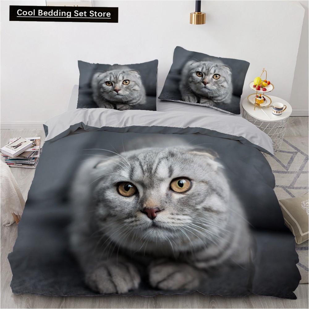 3D Cat King Queen Duvet Cover Lovely Grey White Kitty Bedding Set for Kids Teens Adults Scottish Fold Soft 2/3pcs Quilt Cover