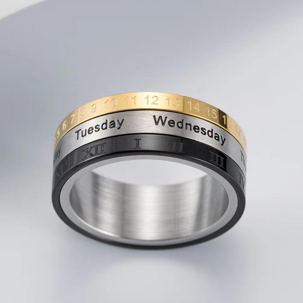 Men's Tricolor Roman Numeral Rotating Calendar Ring in Titanium Steel