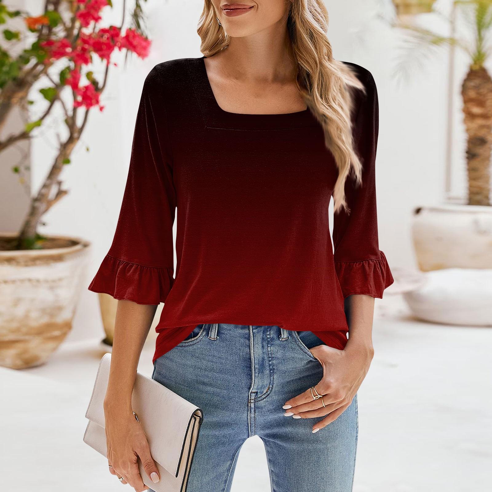 

Женские повседневные топы с рукавами 3/4, летние футболки с квадратным вырезом, свободные туники с рюшами, блузки-туники XXL красный