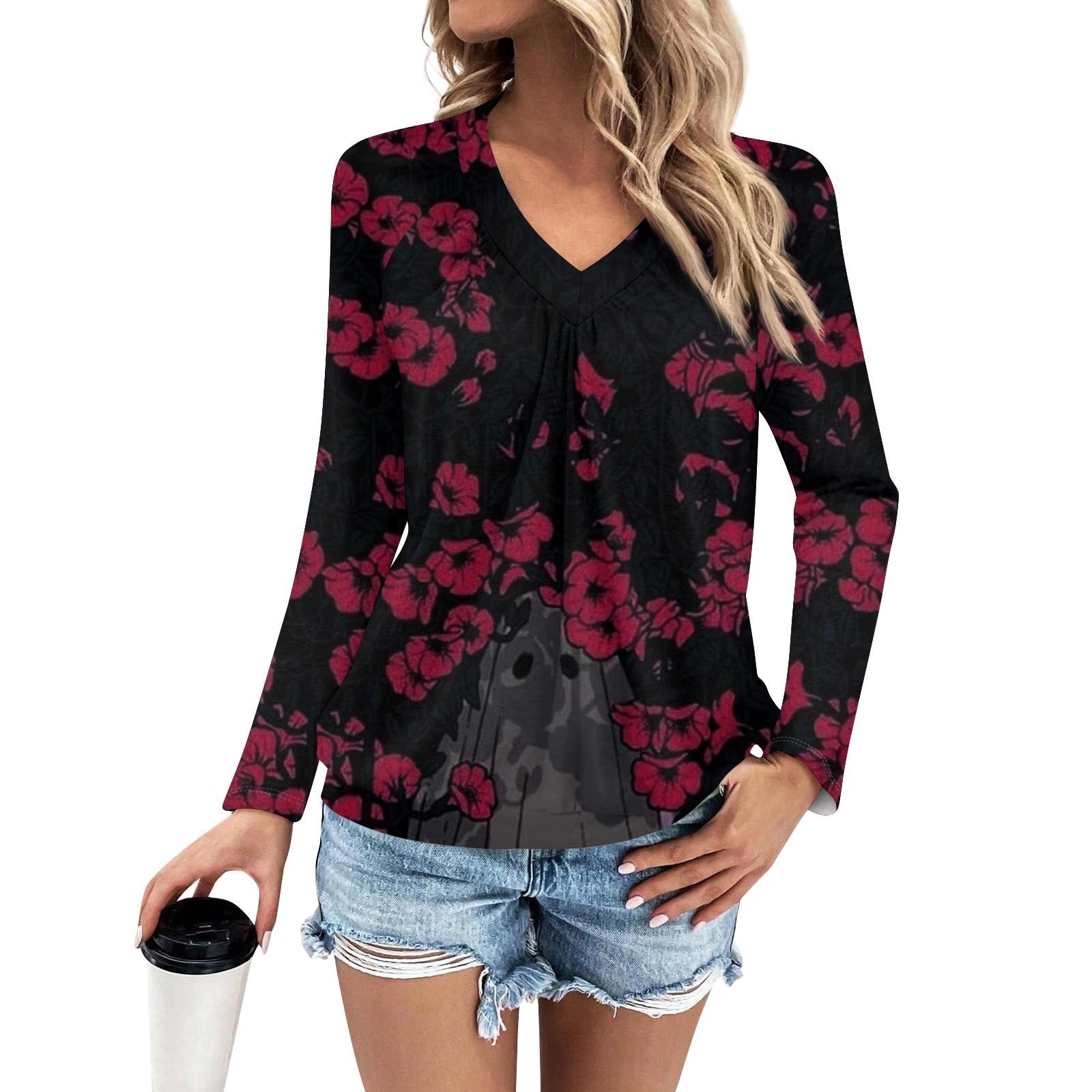 

Женская мода V-образный вырез плиссированные полоски принт повседневный длинный рукав M красный