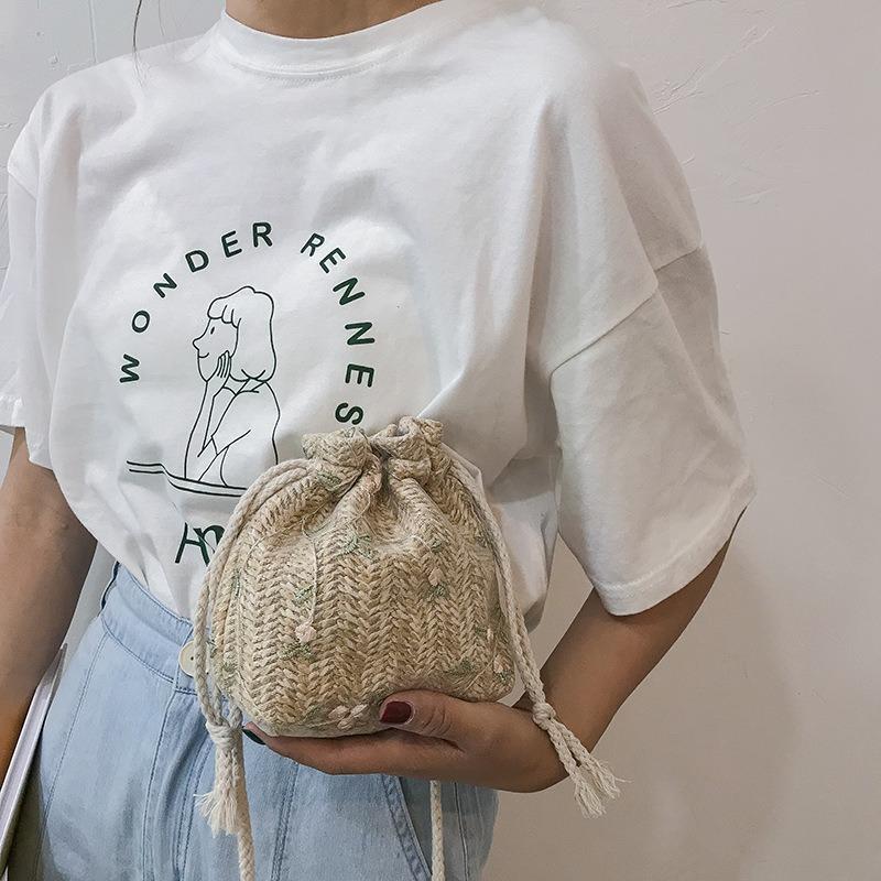 Floral Canvas Bag Bucket Straw Bag Women's Small Fresh Lace Fashion Shoulder Crossbody Bag