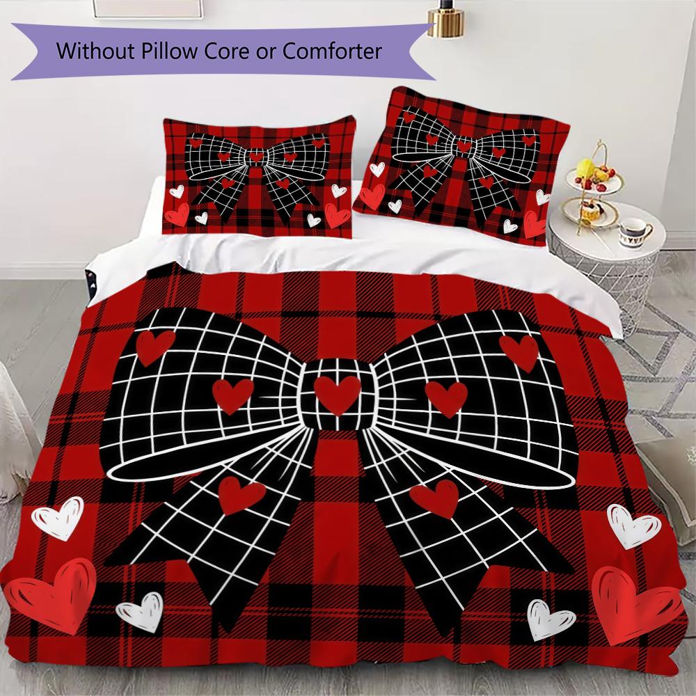 Plaid Bow Pattern Bedding Uilt Set Uilt Cover Pillowcase Home Decoration Birthday Gift (1 * Duvet Cover + 2 * Pillowcase Without Core)
