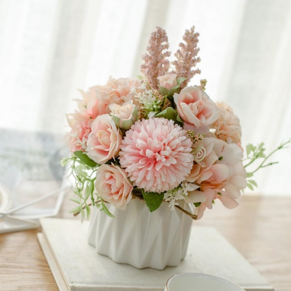 Nordic Fake Flowers with Vase Silk Variety Balls Ceramic Vase Artificial Faux Plants Hemp Rope Rose Artificial Pot Flower