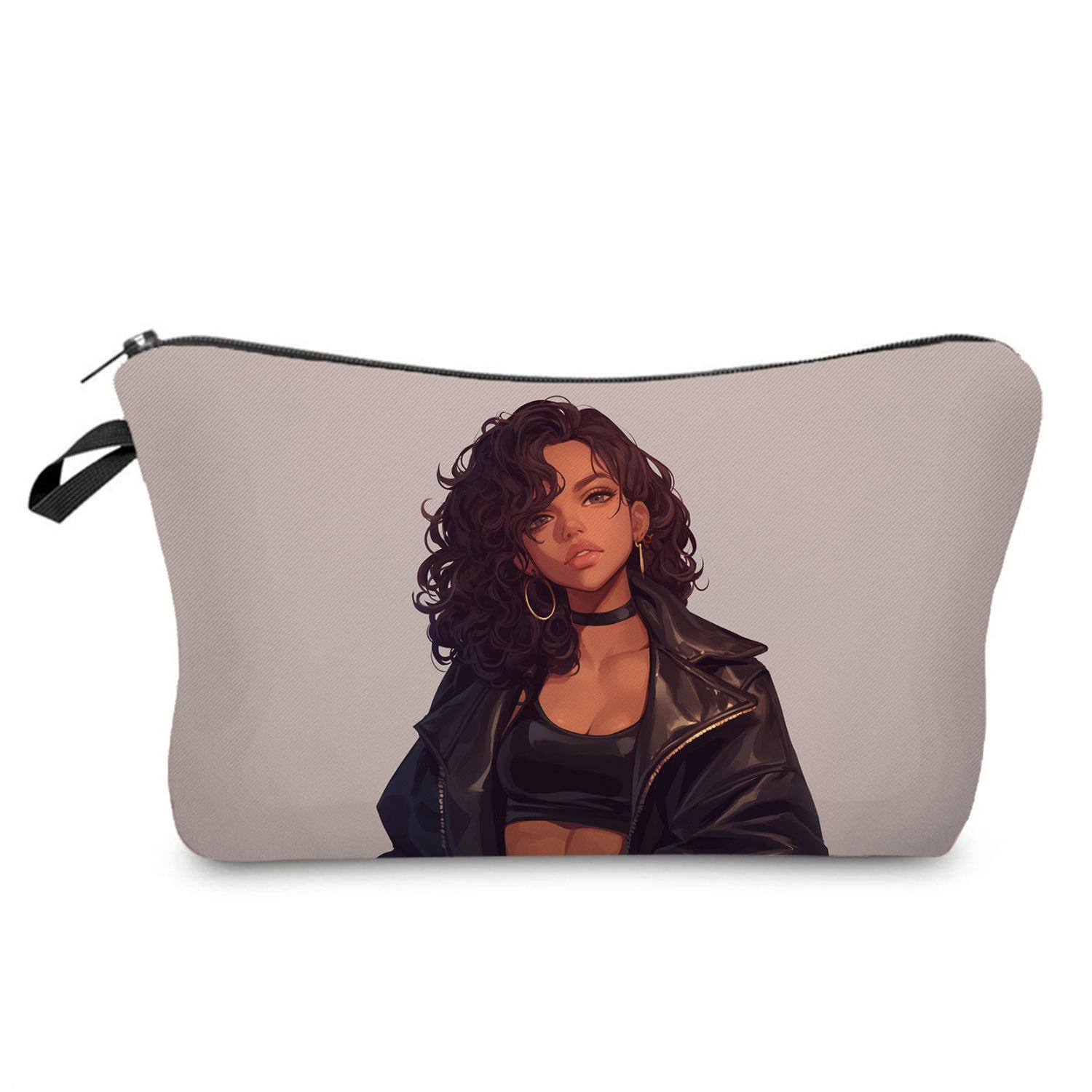 Black Leather Beautiful Woman Printed Makeup Bag Daily Travel Wash Storage Bag Lipstick Skin Care Products Clutch Bag