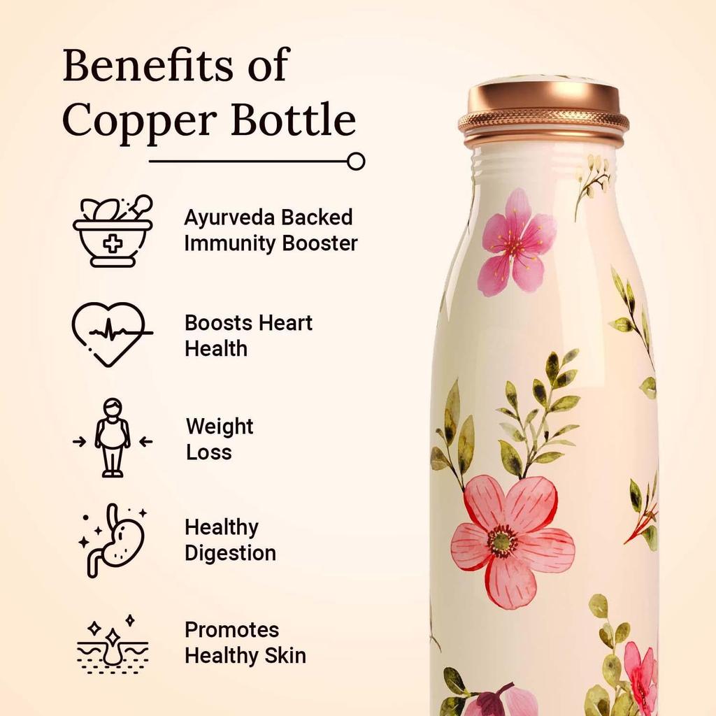 Printed Pure Copper Water Bottle 1 Ltr Capacity Tamba 1 Litre Yoga Bottles For Drinking At School Home Office For Kids Boys Girls Men & Women