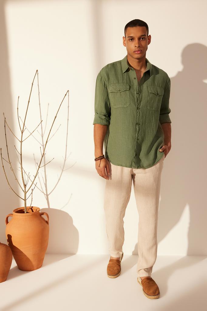 Herrenmode Neues Hemd Dunkelgrün Limitierte Auflage 100% Leinen Regular Fit Hemd