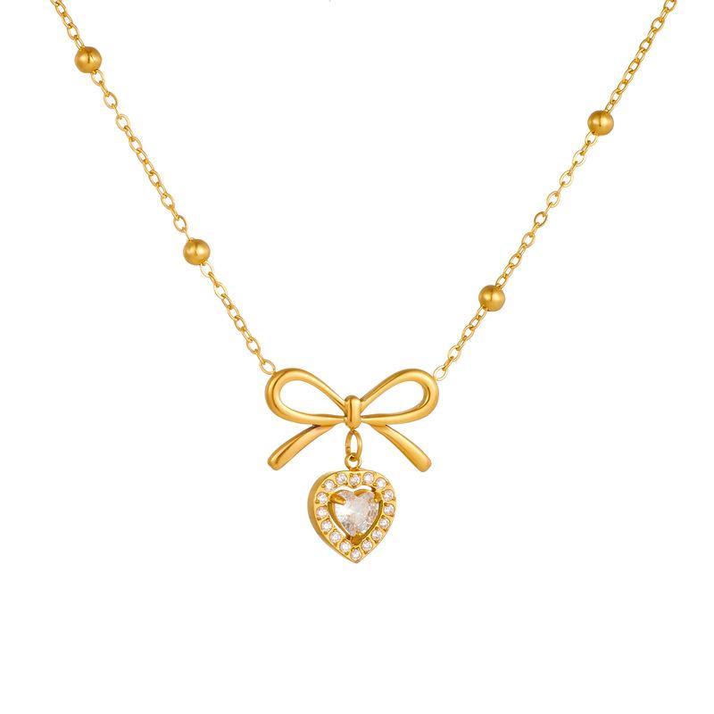 Gold Beaded Chain Necklace with Bow Heart Zircon Pendant, Dainty Choker for Women Jewelry Gift