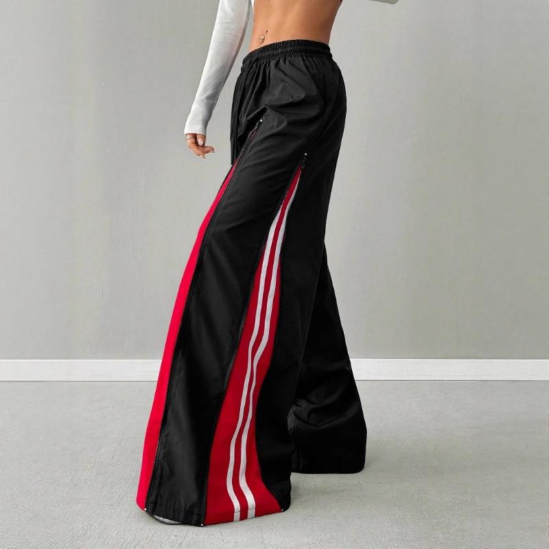 Street-style Hot Girl Patchwork Hip-hop Zipped Patchwork Retro Loose Floor-length Pants