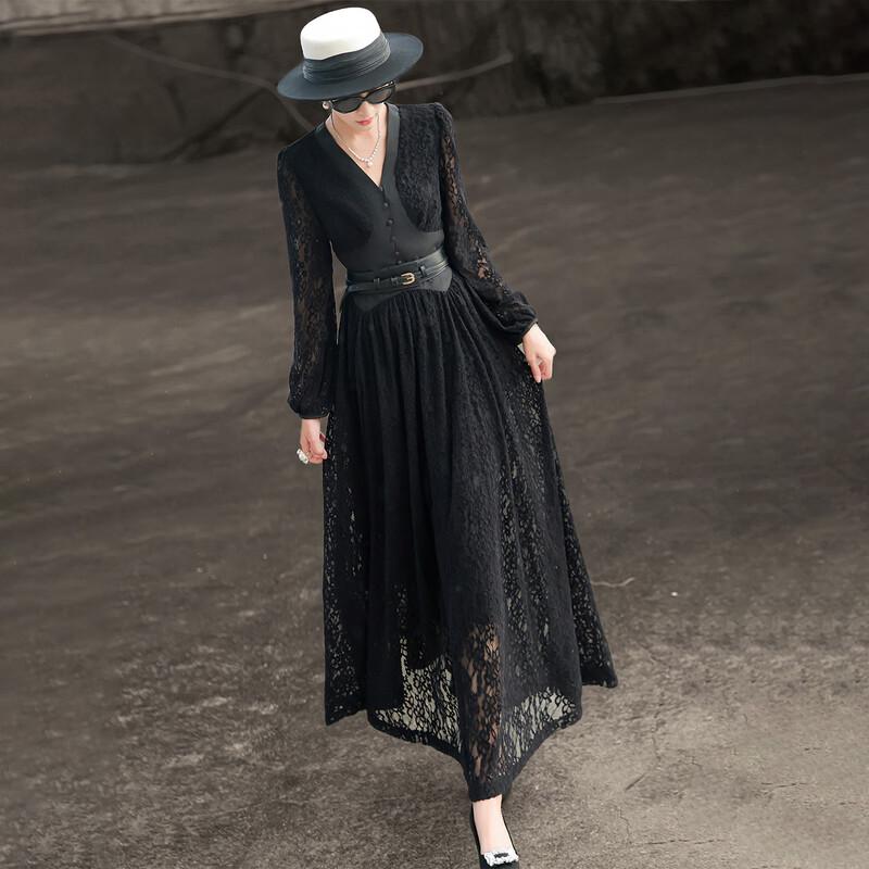 Lanser 2026 Frühling Französisches Retro-Spitzen-V-Ausschnitt-Langkleid