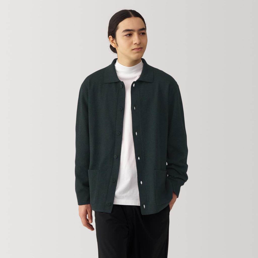 MUJI Men's Washable Milan Rib Knit Shirt Cardigan, Dark Gray, Size L, AA0RPA4A