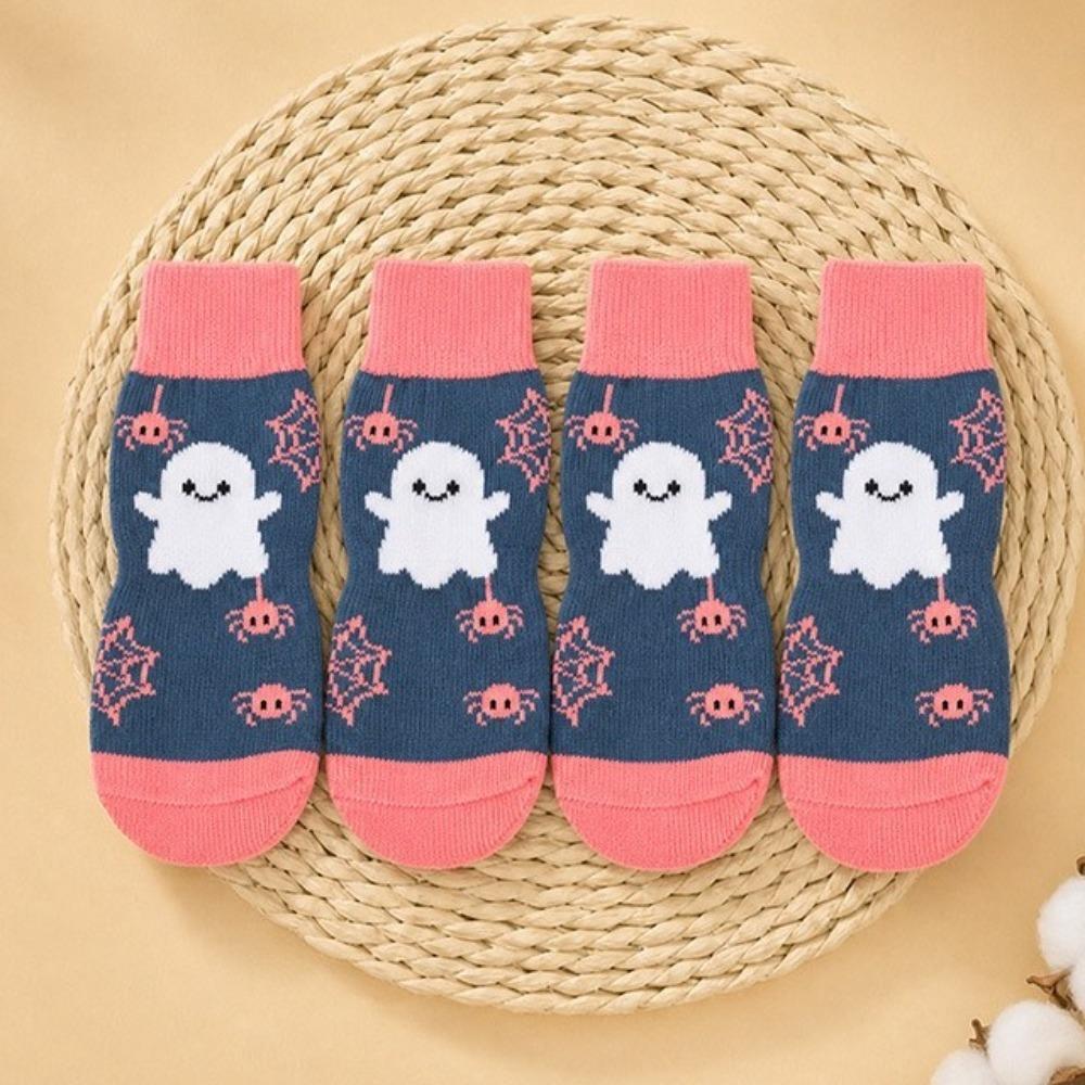 4PCS Breathable Halloween Pet Socks Soft Warm Adjustable Anti-Slip Dog Socks Elastic with Strap Paw Protectors Slippery Floors 2