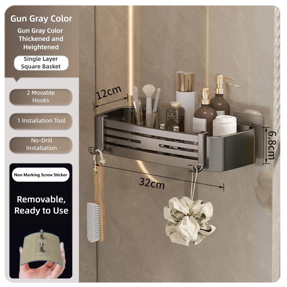 Simple Aluminum Alloy Bathroom Storage Rack Wall Mounted Non Perforated Bathroom Toiletries Holder Shower Storage Shelf Home