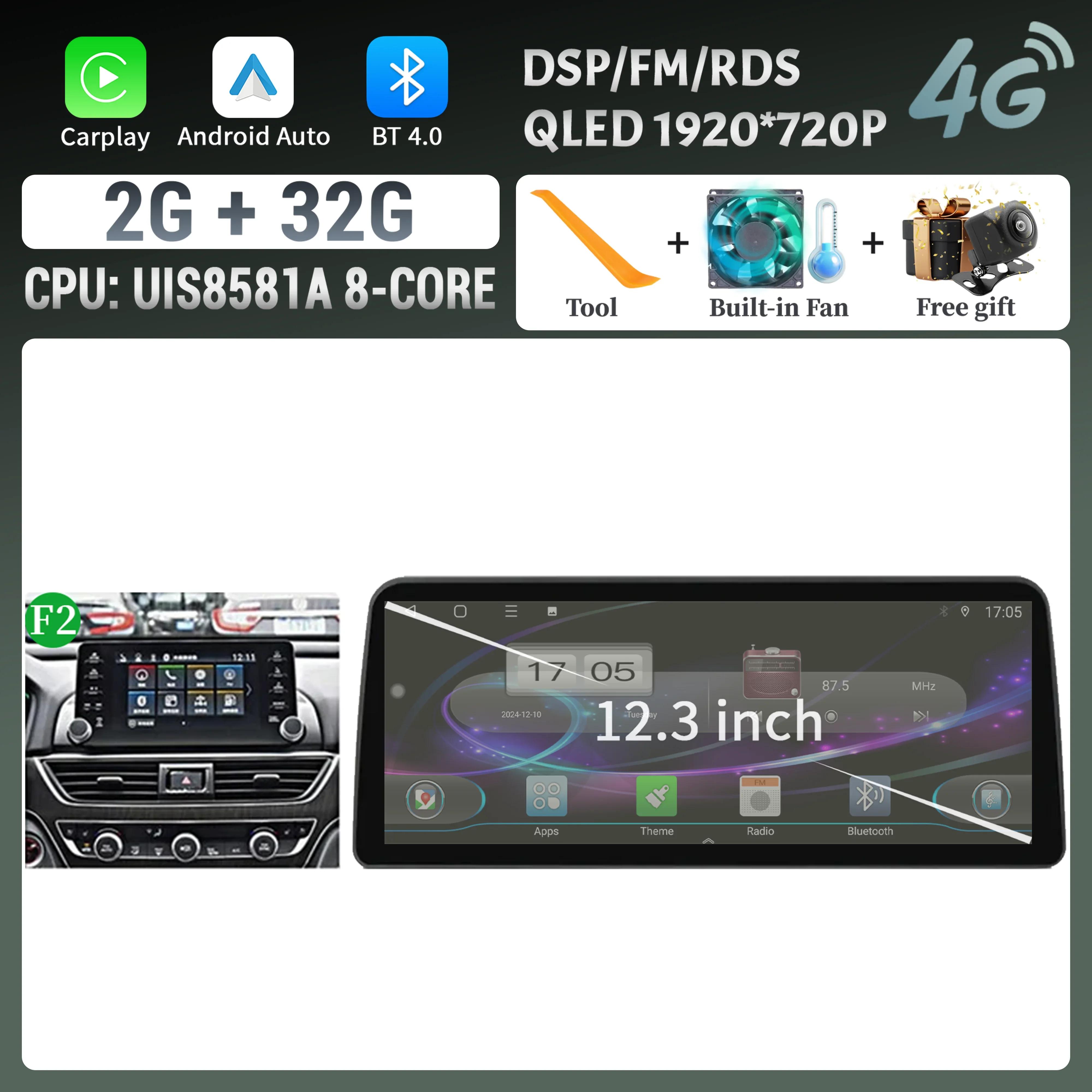 

Android 14 12,3-дюймовый экран для Honda Accord 10 2018 2019 2020 2022 Автомагнитола Мультимедиа Навигация 4G Беспроводной BT CarPlay Стерео CHINA