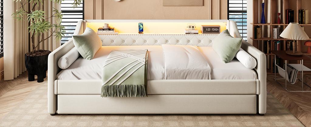 Tagesbett, 90 x 200cm, Schlafsofa, Tagesbett mit Lattenrost (ohne Matratze), Mit LED-Leuchten, Bett mit Ausziehbett, USB-Ladeanschluss, Leinen, Beige